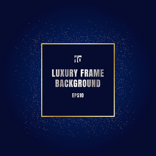 Luxury gold square frame with shiny golden glitter textured decoration design on dark blue background. Festive border. Vector illustration