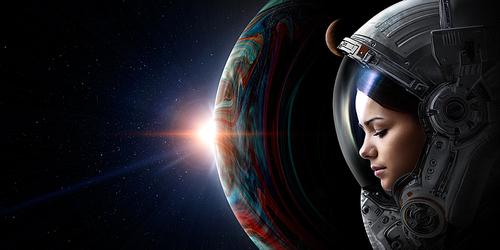 Astronaut in space over Earth planet. Elements of this image furnished by NASA