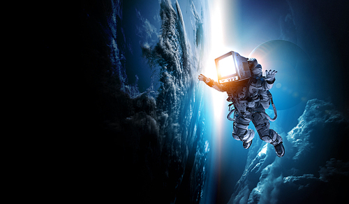 Spaceman with old monitor instead of head. Elements of this image furnished by NASA