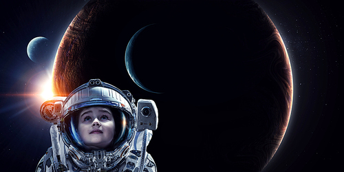 Kid girl astronaut in space over Earth planet. Elements of this image furnished by NASA