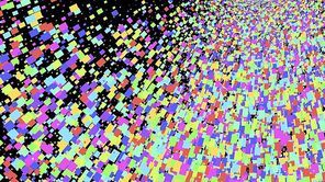Wide format abstract background, optical illusion of gradient effect. Stipple effect. Mosaic abstract composition. Rhythmic colorful tiles. Decorative shapes. Black background. Colorful particles