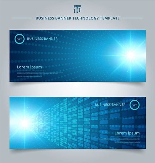 banner web template bstract technology concept with blue neon radial light burst effect blue dots pattern futuristic perspective background. Digital elements circles halftone. Vector illustration
