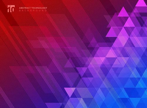 Abstract lines and triangles pattern on blue and red gradients background technology concept. Vector illustration