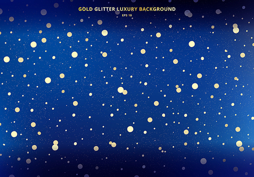 Magic space gold glitter on dark blue sky background with golden sparkling circles. scattered dust. Vector illustration