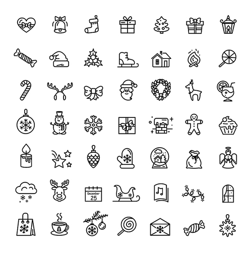 Small christmas icons set including, santa claus, forest reindeer, snowflakes and presents, stars and candles, wreath on vector in black and white