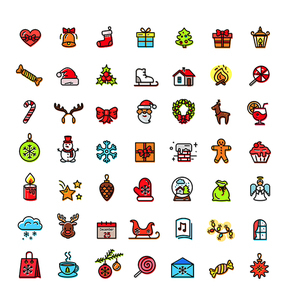 Small christmas icons set including, santa claus, reindeer, snowflakes and presents, stars and candles, wreath on vector illustration