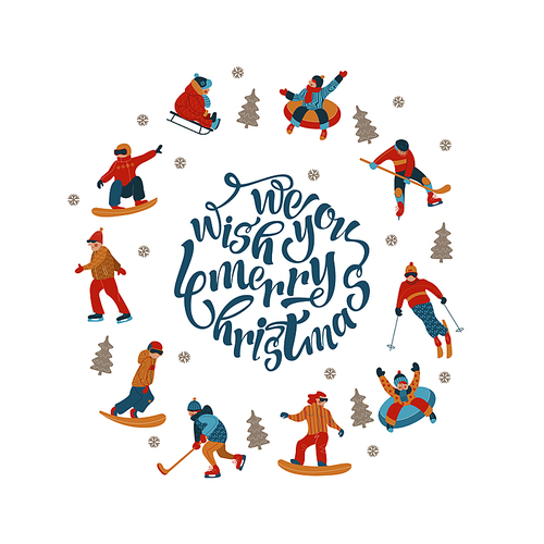 Cute greeting card, vector illustration. People are engaged in winter sports, ride a roller coaster on tubing and sledding, skiing, skating and snowboarding, playing hockey.