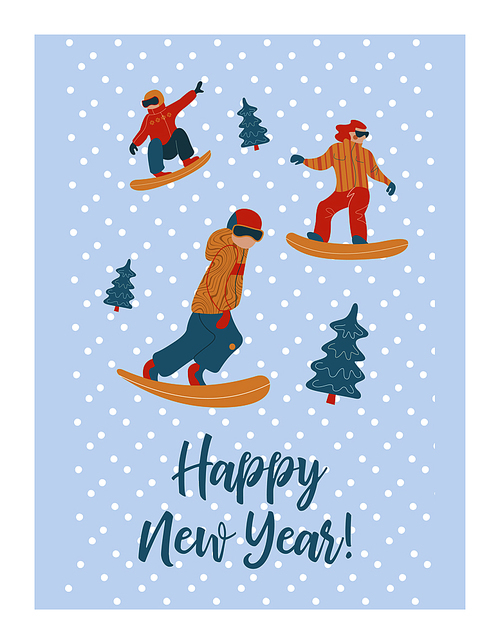 Cute winter New year postcard, vector illustration. Guys ride from a snowy mountain on a snowboard.