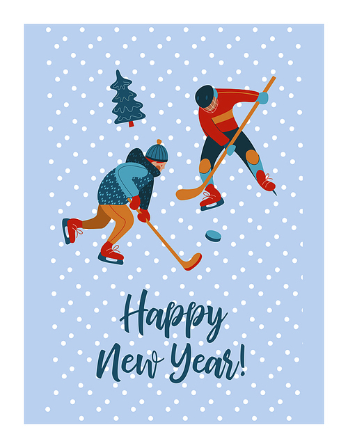 Cute winter new year greeting card, vector illustration. The guys play ice hockey.