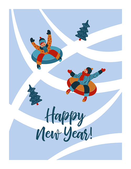 Cute winter new year greeting card, vector illustration. Children ride a snow slide on a tubing.