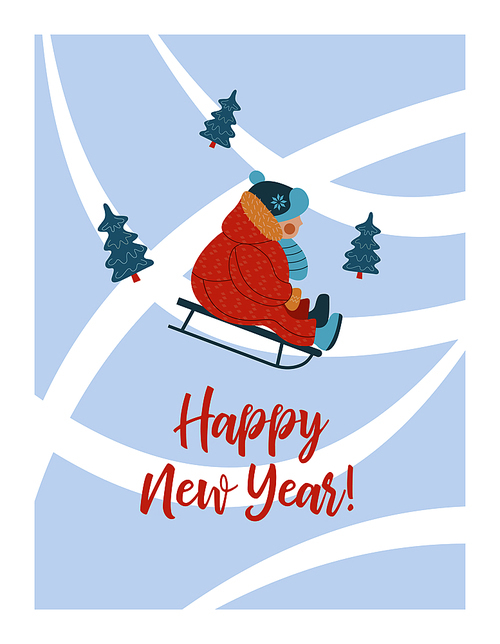 happy New Year. New year's greeting card. Vector illustration. The kid sledding.