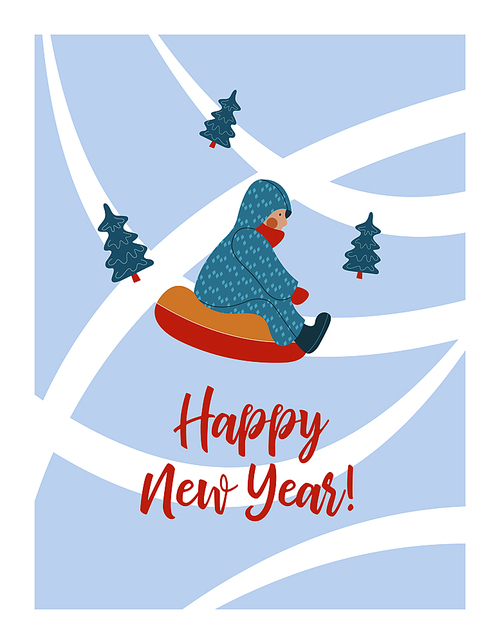 happy New Year. New year's greeting card. Vector illustration. Baby rides tubing hills with snow.