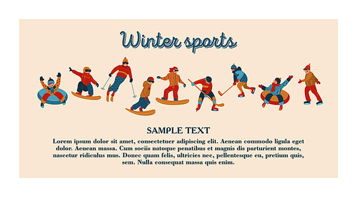 A large set of vector people who are engaged in winter sports and recreation in the snow.