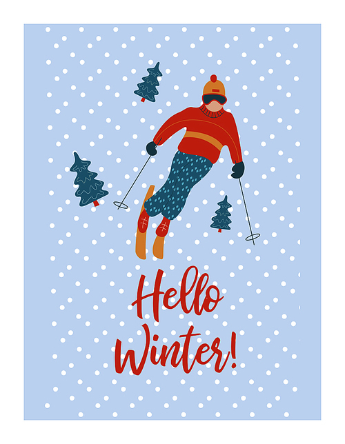 Hello, winter. New year's greeting card. Vector illustration. The guy is skiing.