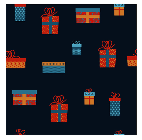 Seamless pattern on dark blue background. A set of colorful gifts, many different cute boxes with bows.