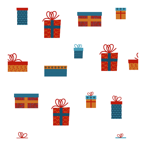 Seamless pattern on white background. A set of colorful gifts, many different cute boxes with bows.