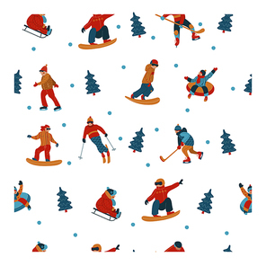 Seamless pattern. On white background. Happy New Year. Vector illustration. A set of characters engaged in winter sports and recreation.