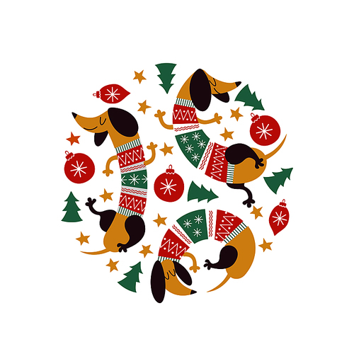 Cute dogs breed Dachshund in a bright knitted sweater. Christmas composition. Dogs and Christmas toys, Christmas trees. The composition is made in the form of a circle. It will look good on t-shirts, mugs, postcards.