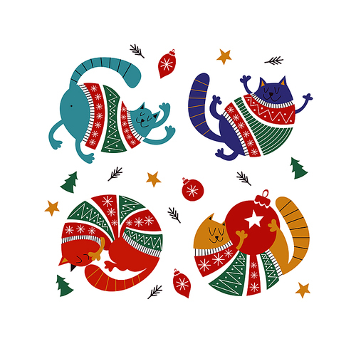 A set of four funny fat cats dressed in knitted sweaters. Vector illustration. One can hold a large red Christmas ball in its paws.