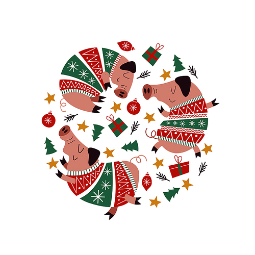 Cute pigs in warm knitted sweaters. Symbol of 2019. Original composition in the form of a circle. Pigs and Christmas decorations, Christmas gifts. The illustration will look good on postcards and mugs.