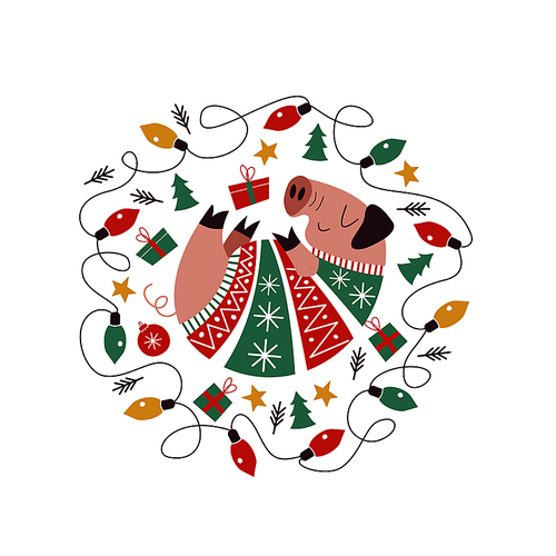 Funny pig in a colorful knitted sweater. Symbol of 2019. Original composition in the form of a circle. Pig and Christmas decorations, Christmas garland of colorful bulbs. The illustration will look good on postcards and mugs.