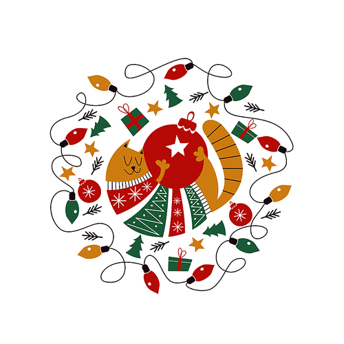 Cute fat cat in a colorful knitted sweater. Christmas composition in the form of a circle. Cat and Christmas decorations, Christmas garland of colorful bulbs. The illustration will look good on postcards and mugs.