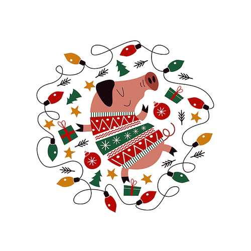 Funny pig in a colorful knitted sweater. Symbol of 2019. Original composition in the form of a circle. Pig and Christmas decorations, Christmas garland of colorful bulbs. The illustration will look good on postcards and mugs.