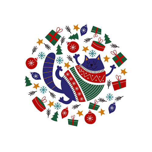 Cute fat cat in a colorful knitted sweater. Christmas composition in the form of a circle. Cat and Christmas decorations, gifts. The illustration will look good on postcards and mugs.