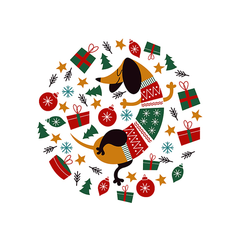 Cute funny Dachshund dog in a bright knitted sweater dancing among Christmas decorations and gifts. Merry Christmas illustration in the form of a circle. It will look good on mugs, t-shirts, postcards.