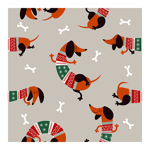 Christmas seamless pattern with image cartoon dogs dachshund in striped jersey. Vector illustration.