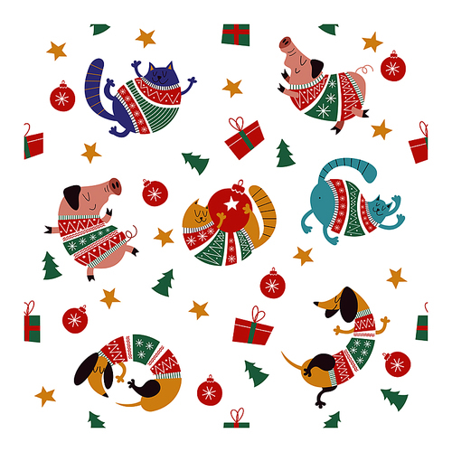 Seamless pattern with cute animals in warm knitted sweaters. Pigs, cats and dogs  Dachshund. Christmas decorations, Christmas trees, gift boxes. Vector illustration.