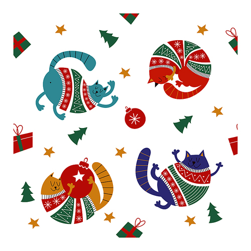 Adorable Christmas cats in warm sweaters. Hand drawn characters, Christmas decorations and Christmas trees. Seamless vector pattern.