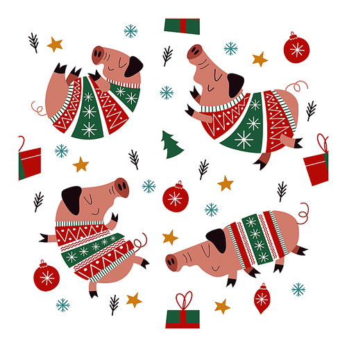 Seamless pattern with cute pigs in striped sweaters. The pig is the symbol of 2019. Beautiful pattern for printing on  paper for packing Christmas gifts. Vector illustration.