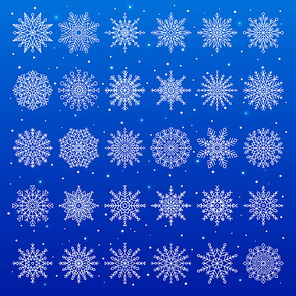 Set of snowflakes of different shapes, creative symmetric objects that appear in winter time, vector illustration isolated on blue
