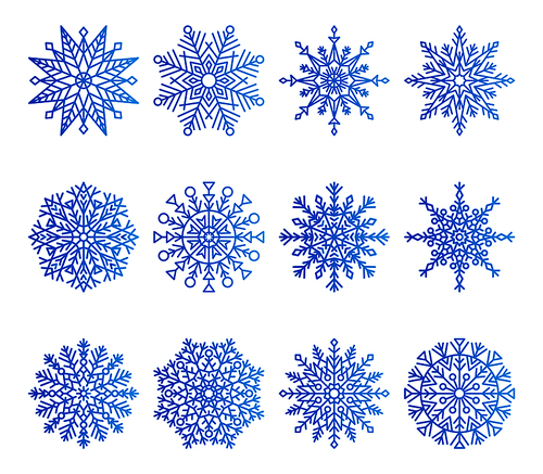 Snowflakes icons collection of different shape and forms, unique symmetrical ice crystals, vector illustration, isolated on white 
