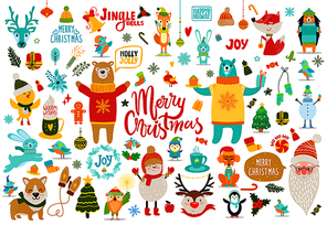 Merry Christmas, jingle bells, holly jolly, set of items dedicated to wintertime holidays, animals and icons, titles and stickers vector illustration