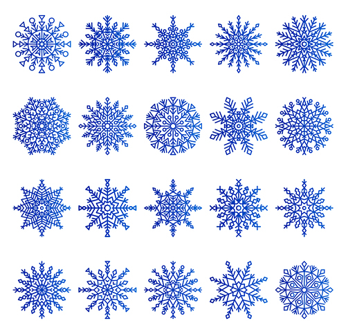 Snowflakes icons collection of different shape and forms, unique symmetrical ice crystals, vector illustration, isolated on white 