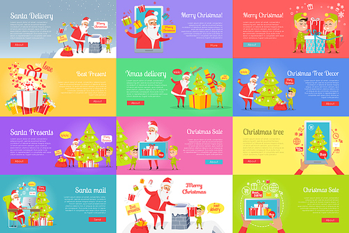 Collection of christmas vector illustration with Santa Claus reading letters, buying presents via the Internet and sending them. Colourful poster of pictures with Santa and gnome decorating xmas tree