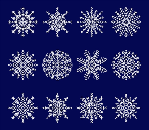 Snowflakes collection, consisting of geometric shapes and lines, simple objects and unique ice crystals vector illustration isolated on blue