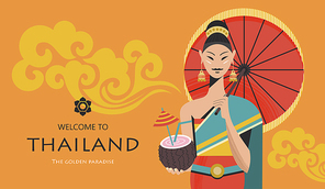 Beautiful Thai girl with red umbrella and exotic cocktail. Welcome to Thailand. Advertising flyer template. Vector colorful illustration.