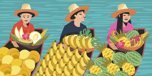 Thai fruit traders in boats. Vector illustration. Three Thai women in hats sell exotic fruits. For the Thai market.