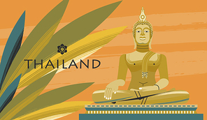 Welcome to Thailand. Travel Agency advertising flyer template. The statue of the Golden Buddha, a religious symbol. Wind illustration.