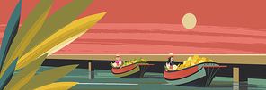 Thai fruit traders in boats. Vector illustration. Two Thai women in hats sell exotic fruits. For the Thai market.