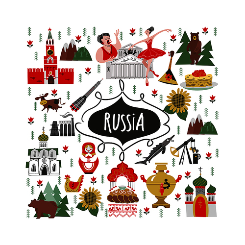 Russia. Set of vector elements. Russian sights, traditions, culture, art, symbols of Russia. Hand drawn illustration.