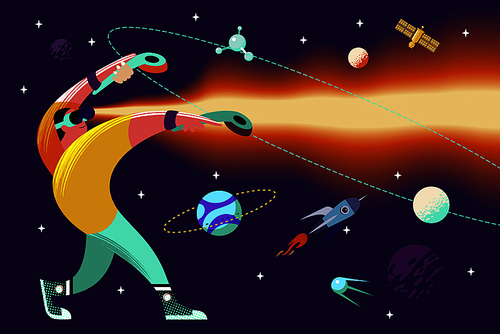 Virtual Reality concept with a man interacting with imaginary universe through VR glasses. Vector illustration.