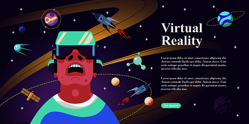 Web page with VR concept. Virtual Reality concept with a man interacting with imaginary universe through VR glasses. Vector illustration.