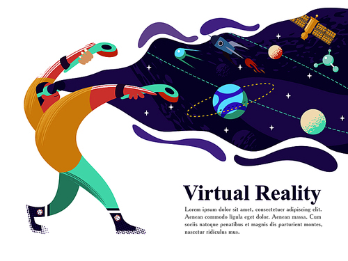Web page with VR concept. Virtual Reality concept with a man interacting with imaginary universe through VR glasses. Vector illustration.
