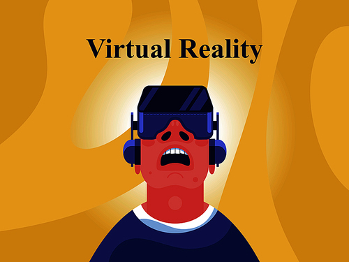Virtual Reality concept with a man interacting with imaginary universe through VR glasses. Vector illustration.