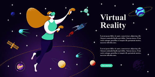 Web page with VR concept. Virtual Reality concept with a girl interacting with imaginary universe through VR glasses. Vector illustration.