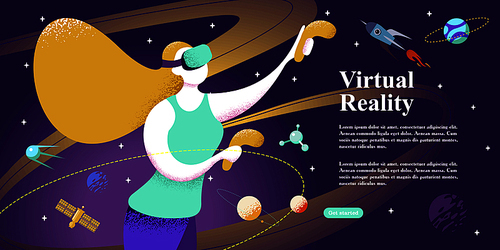 Web page with VR concept. Virtual Reality concept with a girl interacting with imaginary universe through VR glasses. Vector illustration.